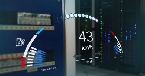 Futuristic digital speedometer overlay in server room environment