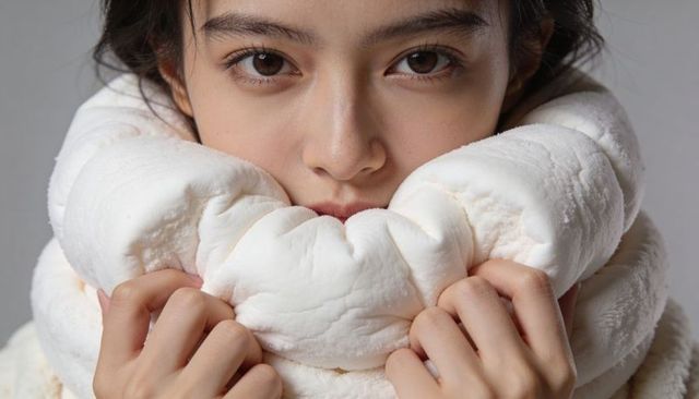 Holding plush neck wrap close to face, intimate close-up portrait highlighting soft texture