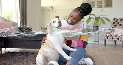 Smiling woman petting senior labrador in sunlit living room with digital waveform overlay
