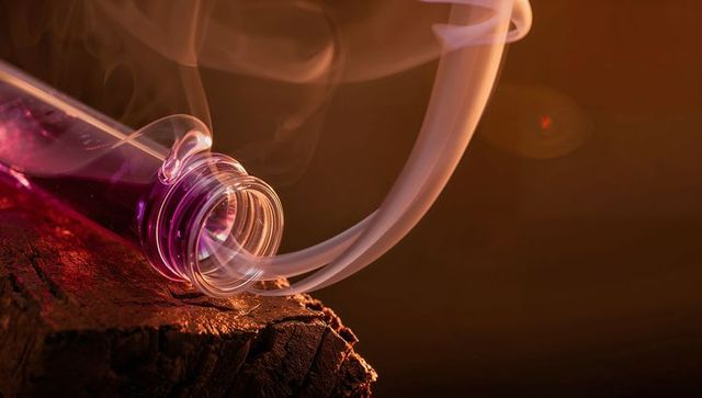 Violet potion exhaling curling smoke from glass bottle on rustic wood, macro mystic still life