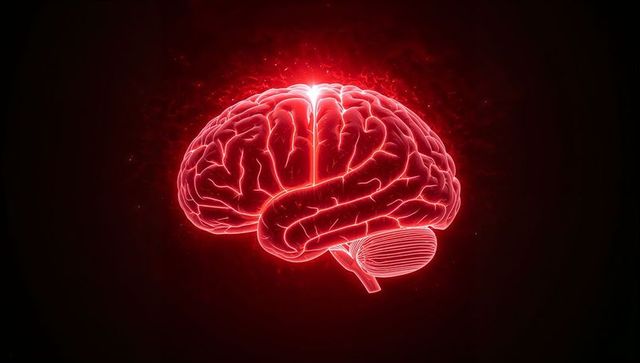 Neon Red Brain Hologram Glowing and Pulsing with Neural Energy