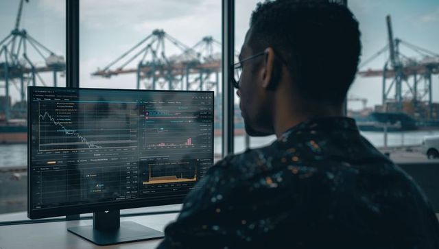 Man analyzing financial data on monitor at shipyard port