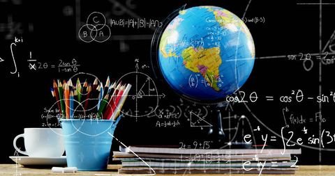 Educational Objects Surrounded by Floating Mathematical Equations - Download Free Stock Images Pikwizard.com