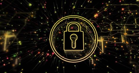 Neon yellow padlock in concentric rings over digital circuit network for cybersecurity