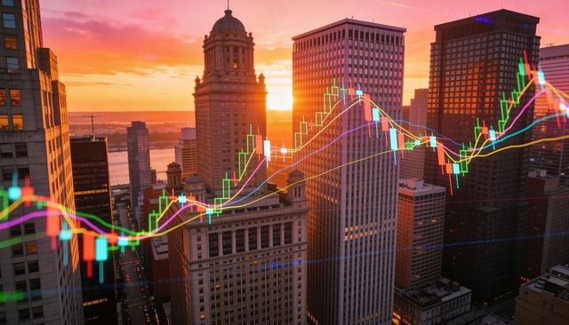 Sunset city skyline with financial candlestick chart overlay showing market trends