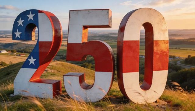 Giant 250 numerals wrapped in stars and stripes on sunlit hilltop at golden hour sunset