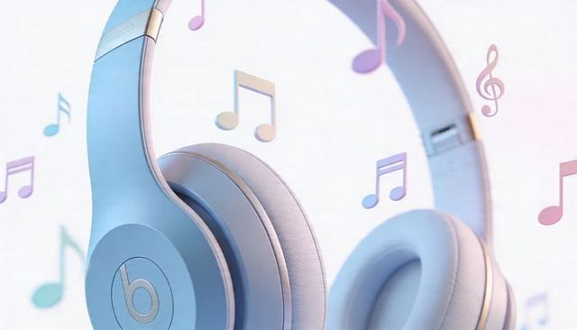 Pastel blue over-ear headphones floating with musical notes, soft gradient audio concept