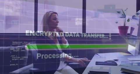 Female Professional Managing Encrypted Data Transfer at Desk