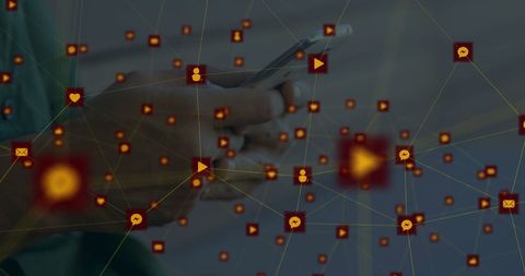 Network of digital icons surrounding user's smartphone