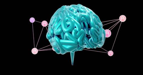 Glossy teal 3d brain model representing neural network connectivity with pink nodes