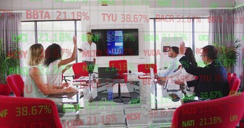 Business Meeting with Digital Data Processing Overlay