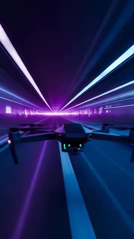 Vertical drone flying through neon tunnel toward purple glow autopilot engaging