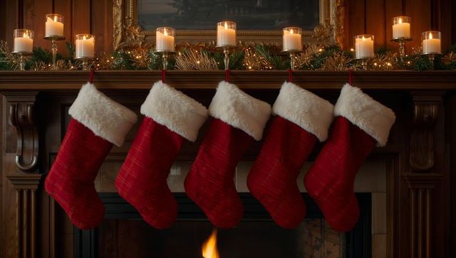 Christmas stockings above cozy fireplace with candle decor