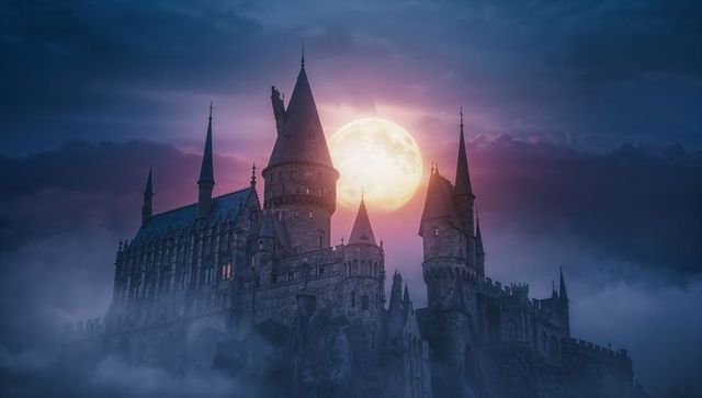 Medieval castle under full moon with mystical mist