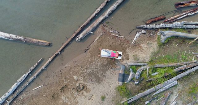 Aerial View of Person Relaxing on Riverbank with Driftwood - Download Free Stock Photos Pikwizard.com