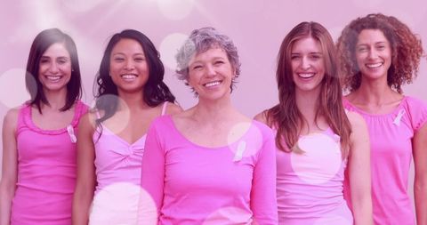 Diverse Women Supporting Breast Cancer Awareness in Pink