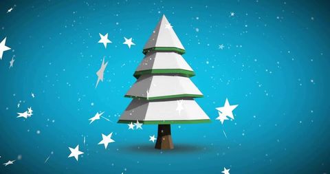 Minimal layered geometric christmas tree with stars and snow on teal backdrop