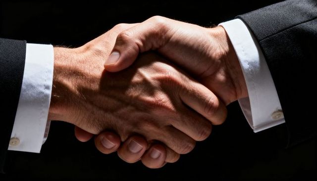 Businessmen shaking hands closeup sealing corporate deal trust partnership high-contrast