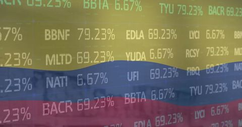 Financial data overlay on colombian flag for business analysis