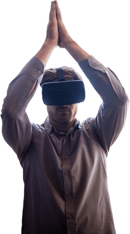 man in shirt experiencing virtual reality with hands raised transparent - Download Free Stock Videos Pikwizard.com