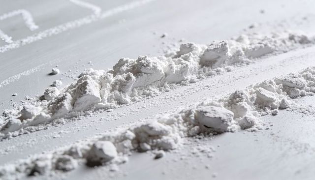 Parallel white powder lines with coarse clumps and granular texture, macro still life