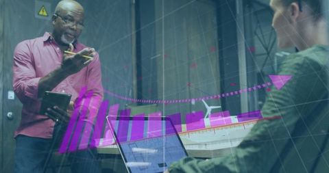 Professionals Analyzing Data in Office Environment with Futuristic Overlay