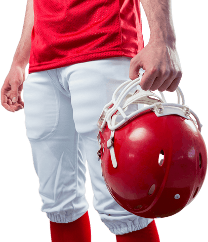 Caucasian rugby player holding red helmet on transparent background