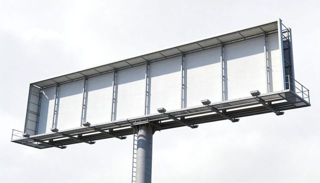 Blank roadside billboard display on steel pole with catwalk ladder and floodlights