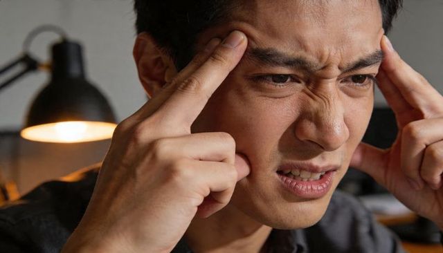 Young asian man pressing temples, squinting in pain at desk lamp while working late