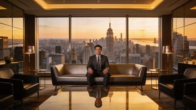 Asian executive sitting on leather sofa in luxury high-rise office at sunset skyline