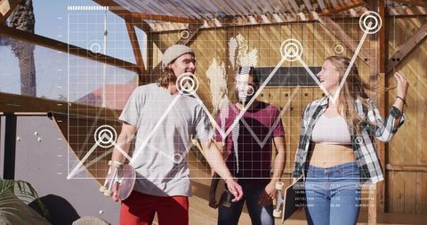Skaters Walking Beneath Pergola with Data Overlay Graph Sunlit Urban Lifestyle Friends