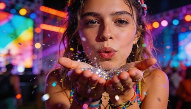 Young woman blowing glitter from hands at neon festival stage, celebrating night crowd