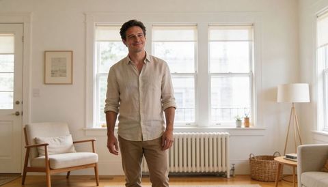 Man standing in sunlit minimalist living room wearing beige linen shirt and khaki pants