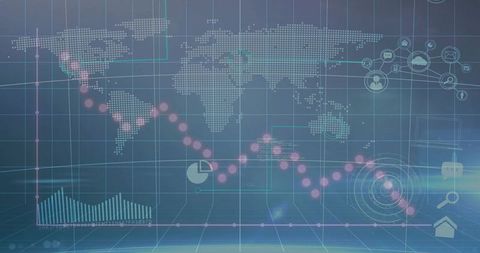 Holographic Global Data Dashboard Displaying Pink Trend Line Over 3D Grid and World Map