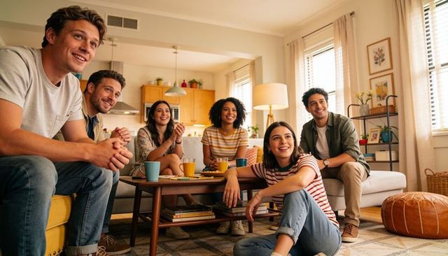 Friends watching tv and laughing in cozy living room during casual weekend gathering