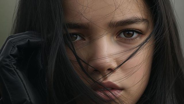 Holding gaze closeup portrait young woman wind-swept hair leather glove intense eyes