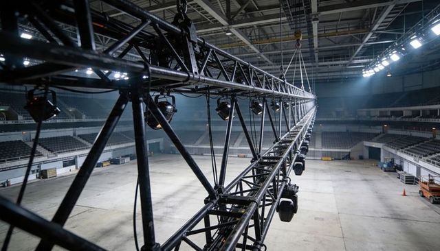 Suspended stage truss spanning empty arena with hanging moving lights and event rigging