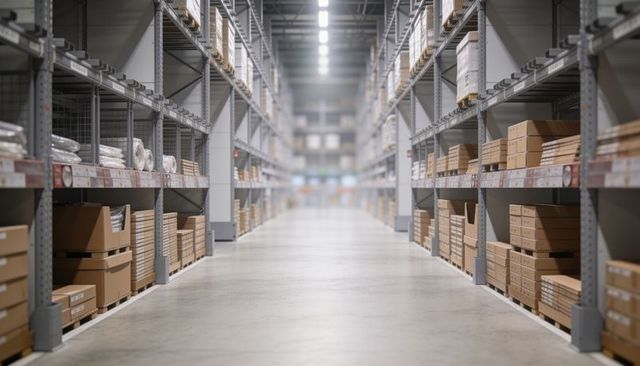Central warehouse aisle with industrial pallet racking and stacked cardboard boxes