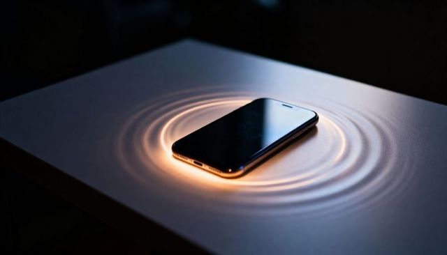 Smartphone Radiating Warm Concentric Light Rings on Minimal Tabletop, Glossy Finish, Moody Tech