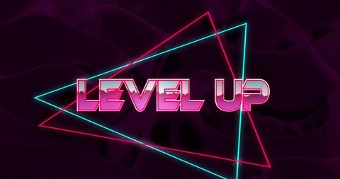 Glowing neon LEVEL UP wordmark dominating retro synthwave with cyan and magenta triangles