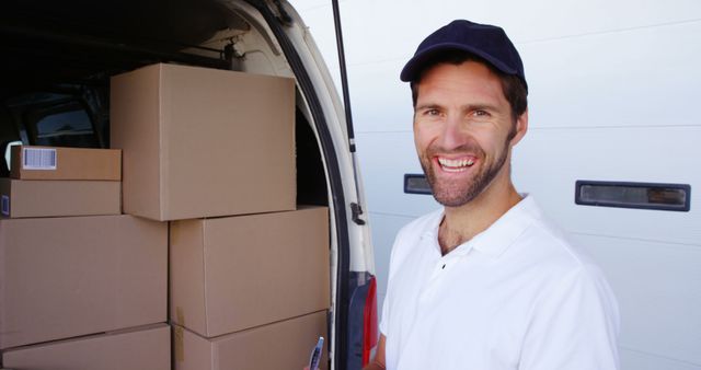 Portrait of smiling caucasian delivery man by van with boxes with copy space. Shipping, delivery, business, start up, office, work and professionals concept, unaltered.
