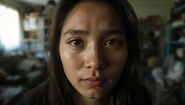 Asian woman gazing into camera closeup, intimate living room portrait with soft daylight