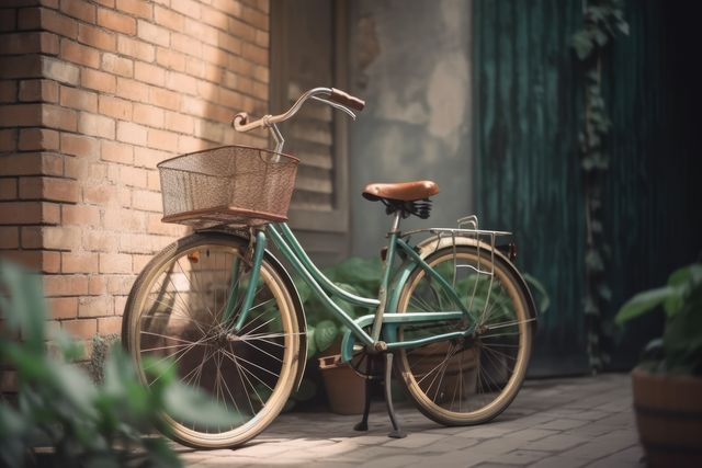 The image shows a vintage green bicycle with a wicker basket parked in a sunny courtyard. This charming scene features a retro bike leaning against a brick wall, with sunlight casting soft shadows. This stock photo is suitable for websites and blogs focusing on urban lifestyles, nostalgic transportation, cycling culture, and leisurely outdoor activities.