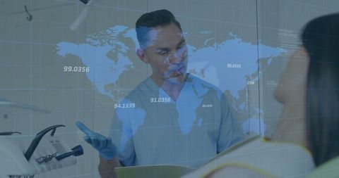 Dentist Consulting Patient with Futuristic Global Overlay