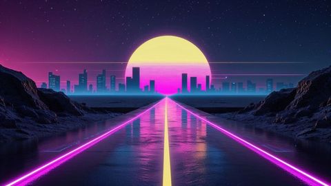 Vaporwave highway in futuristic digital landscape