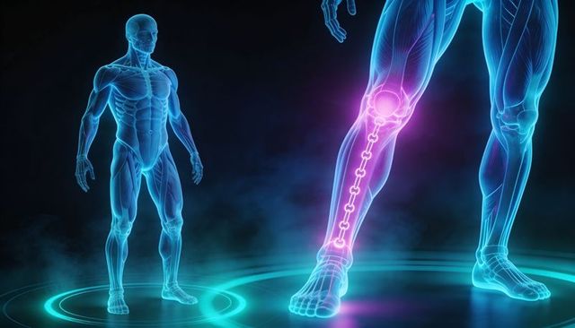 Holographic Lower Limb Anatomy with Glowing Sciatic Nerve Pathway and Knee Pain Highlight