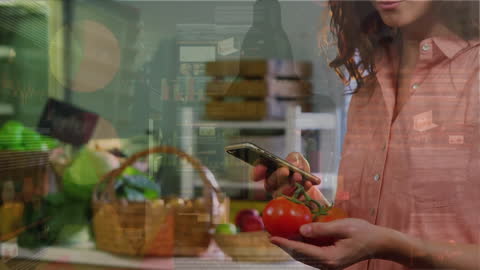 Woman Using Smartphone to Check Grocery Store Analytics
