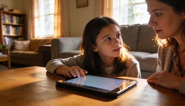 Mother and daughter learning together on tablet in sunlit cozy living room