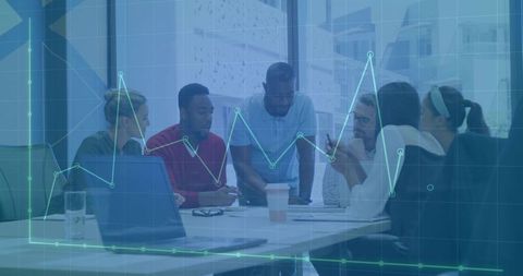 Reviewing documents and analyzing data, diverse team collaborating with analytics overlay