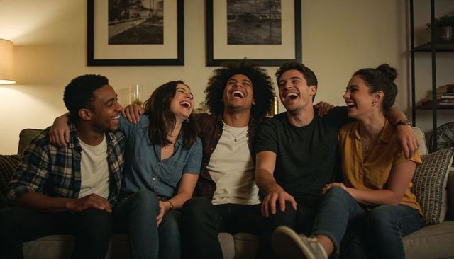 Friends laughing together on sofa at home with cozy ambient lighting and casual style